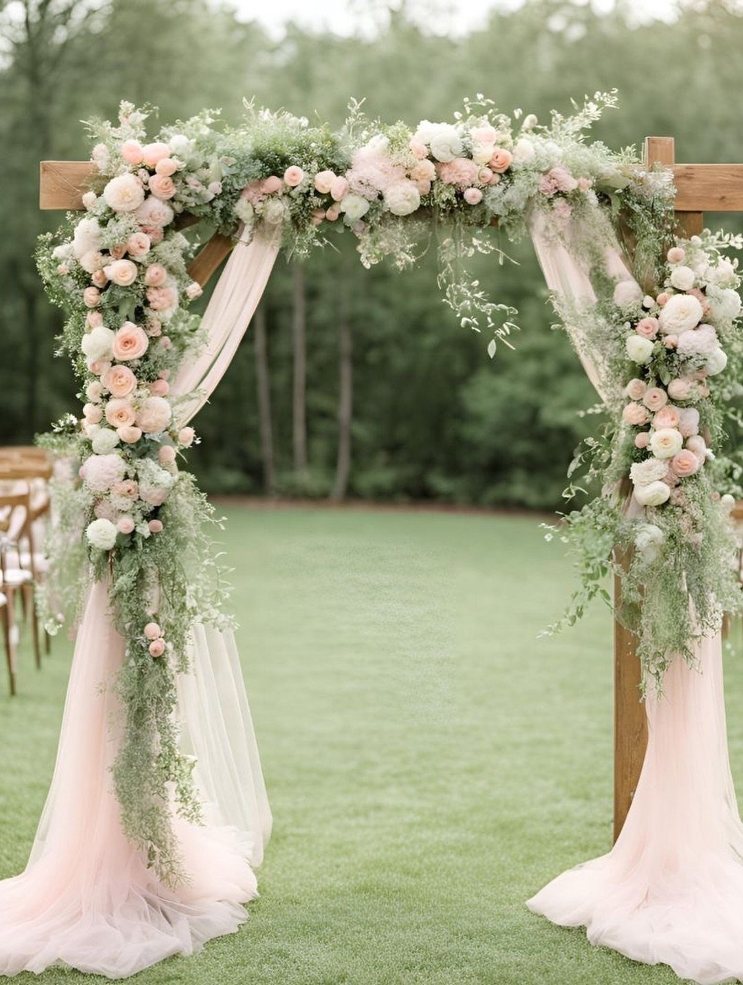 8 Pink Wedding Color Ideas for Every Venue and Season 5 Wooden wedding arch decorated with pink roses, green foliage, and draped pink fabric on a lawn.