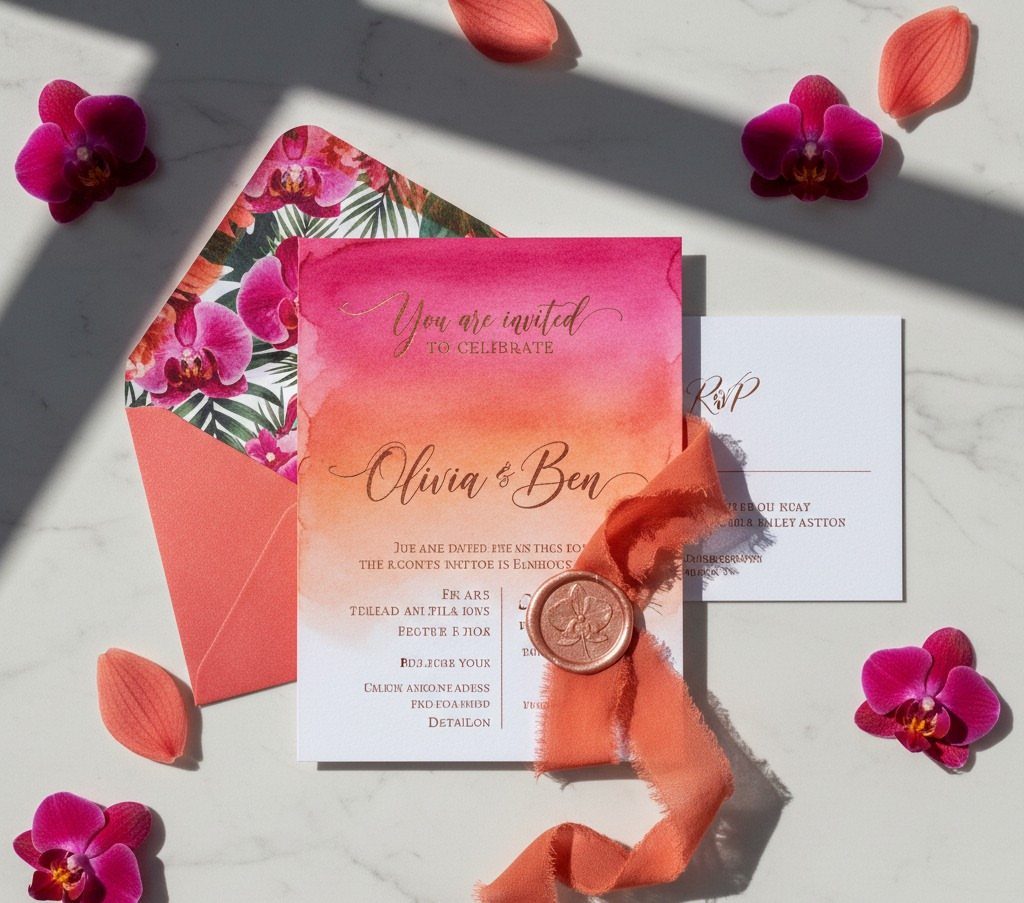 12 Romance Wedding Theme Ideas That Actually Feel Personal 11 Wedding invitation suite with watercolor pink and orange tones surrounded by magenta orchid petals.