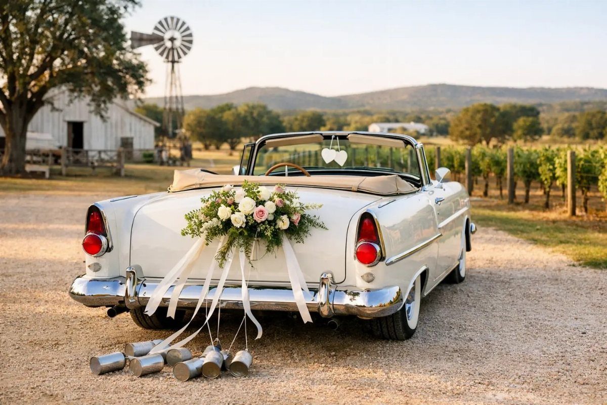 12 Romance Wedding Theme Ideas That Actually Feel Personal 5 White vintage convertible car decorated with pink and white flowers and ribbons on a gravel driveway.