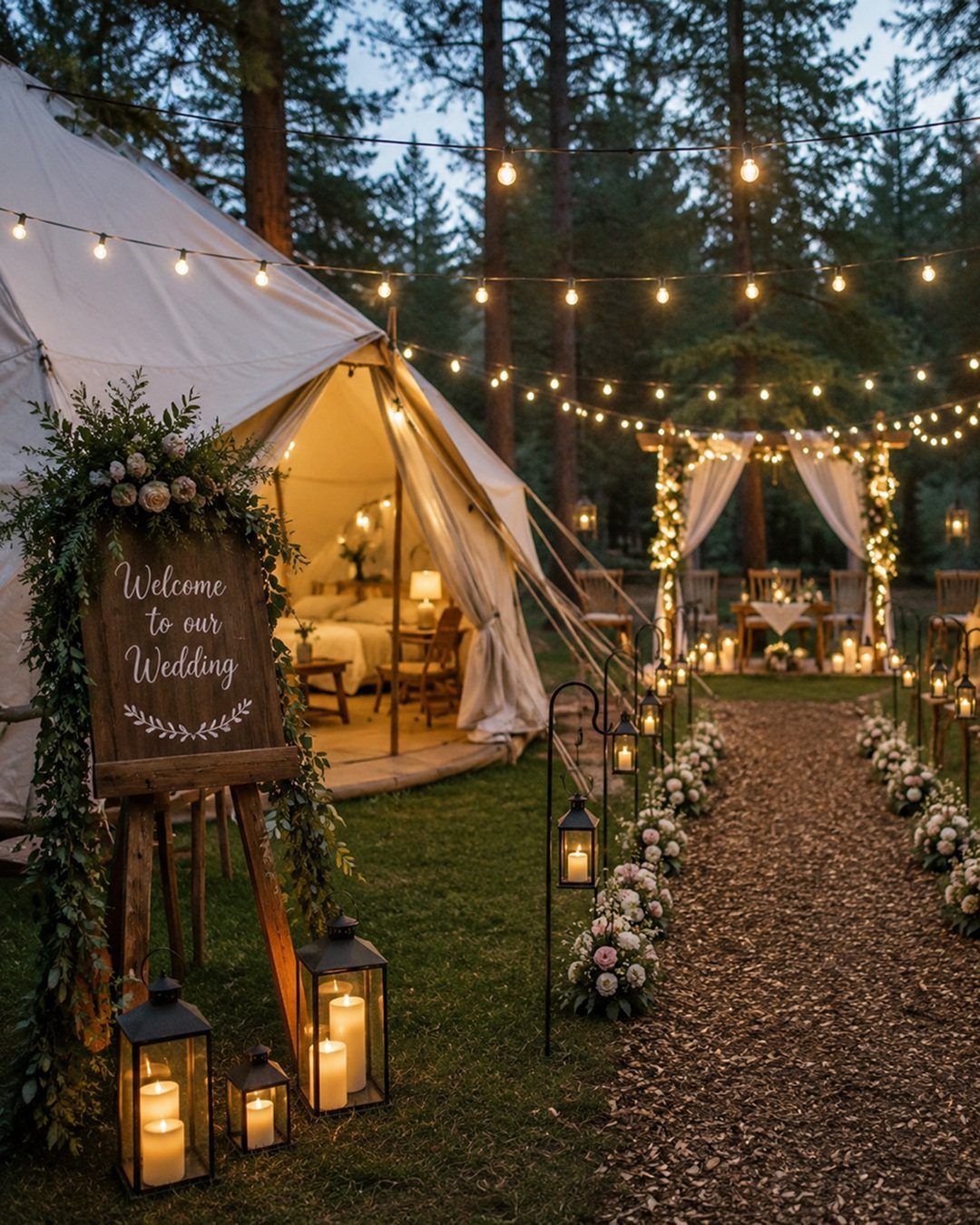 12 Romance Wedding Theme Ideas That Actually Feel Personal 12 Wooden wedding welcome sign decorated with lush greenery and white flowers next to a lit tent.
