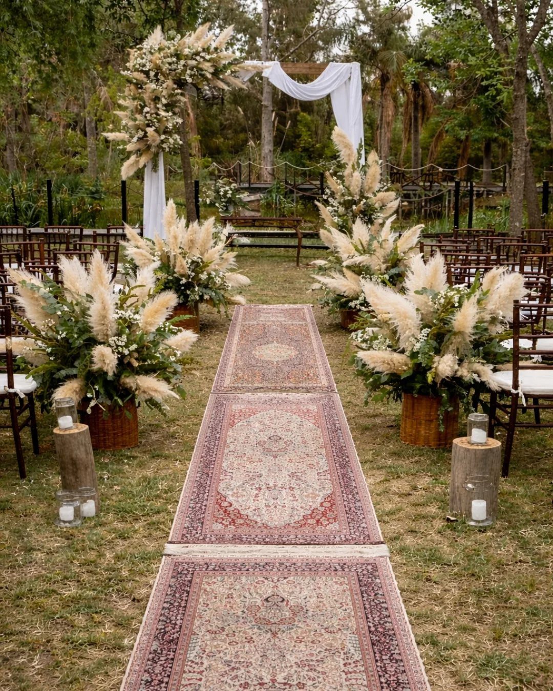 Patterned oriental rugs form a wedding aisle lined with pampas grass arrangements in an outdoor wooded setting.