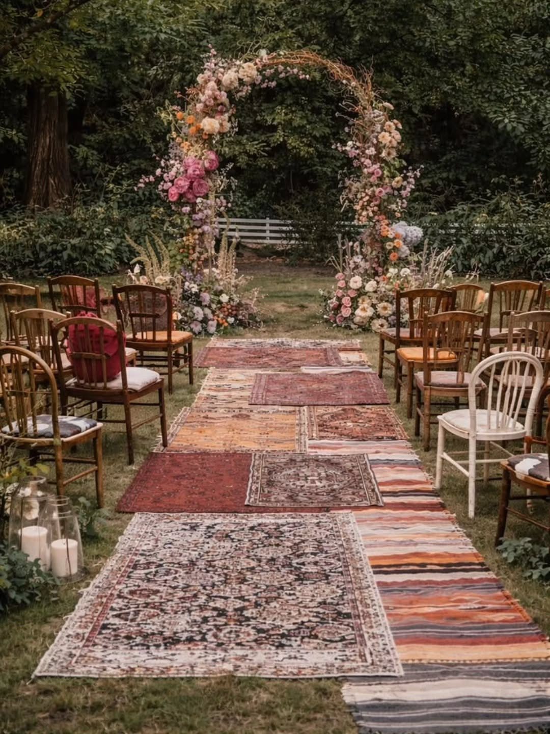 Layered patterned rugs form a colorful aisle runner leading to a floral wedding arch outdoors.