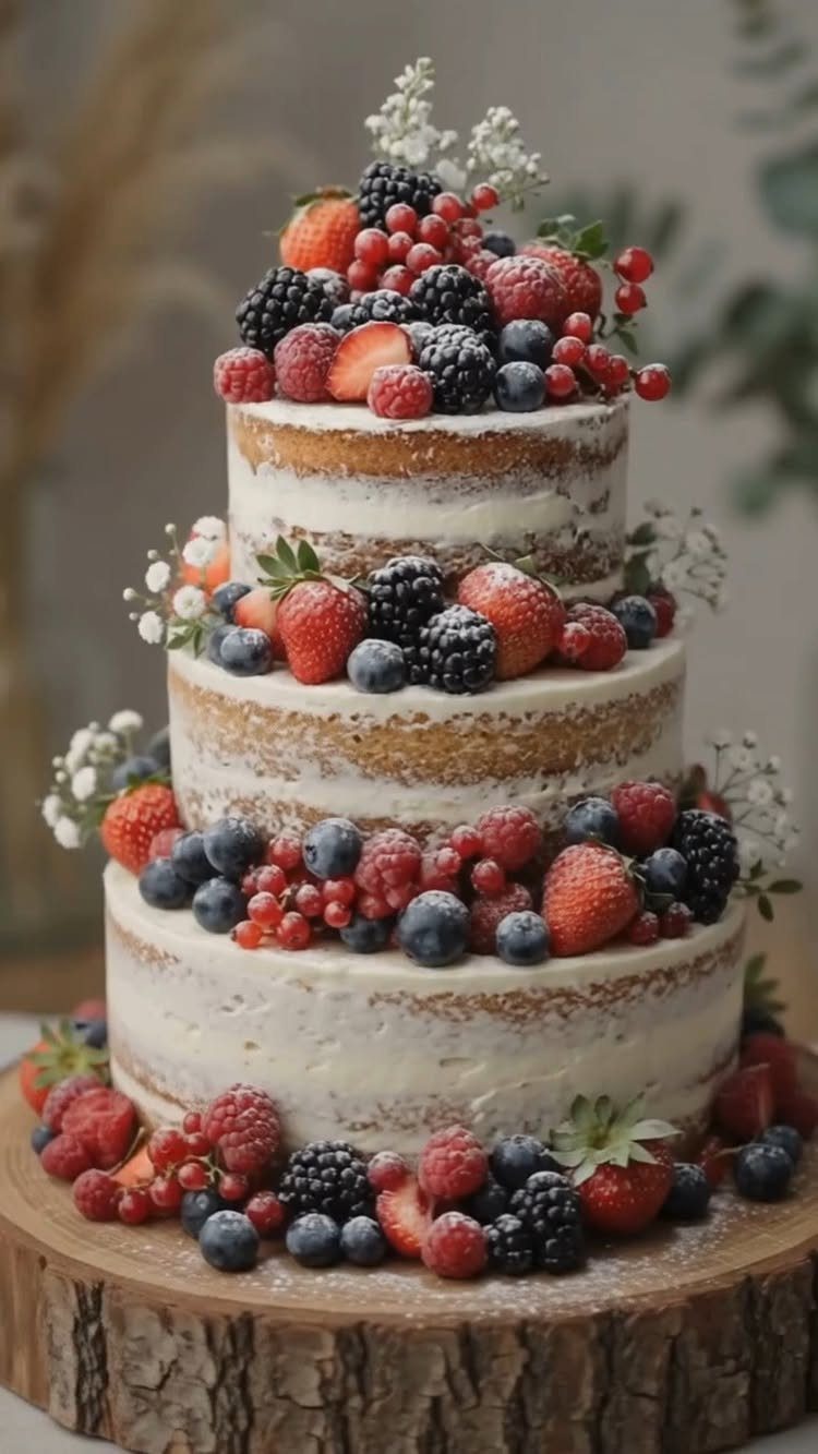 Three-tiered semi-naked cake decorated with various fresh berries on a wooden slice base.