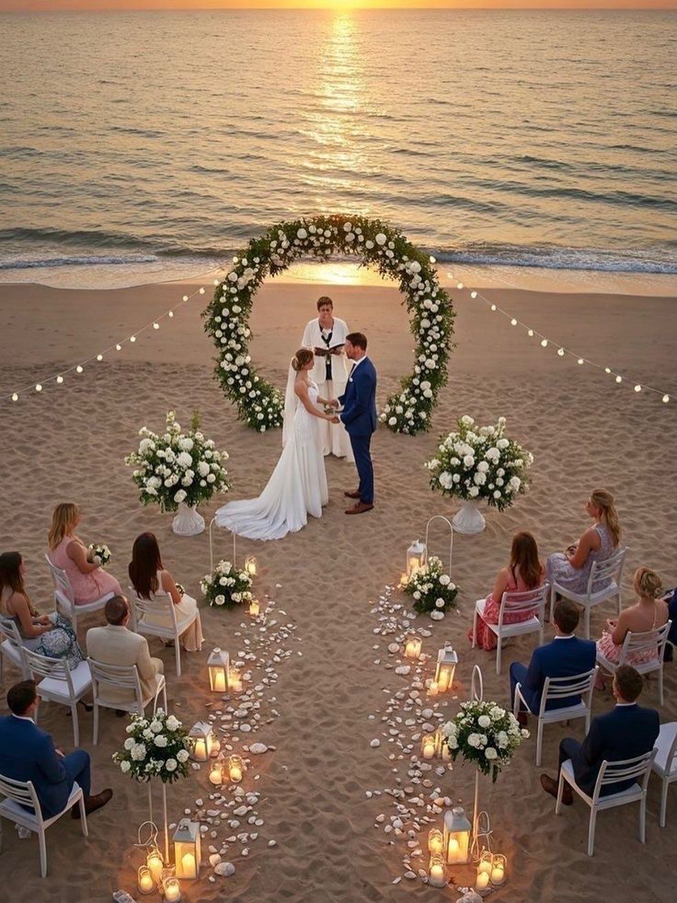 9 Wedding Ceremony Arch Ideas for Indoor and Outdoor Vows 7 A circular white floral wedding arch on a beach during a sunset ceremony.