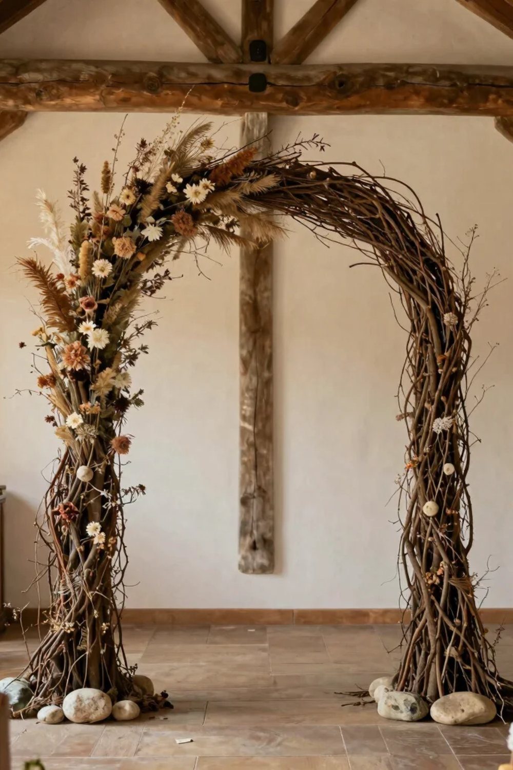 9 Wedding Ceremony Arch Ideas for Indoor and Outdoor Vows 5 A rustic wedding arch constructed from intertwined brown twigs and decorated with dried flowers and pampas grass.