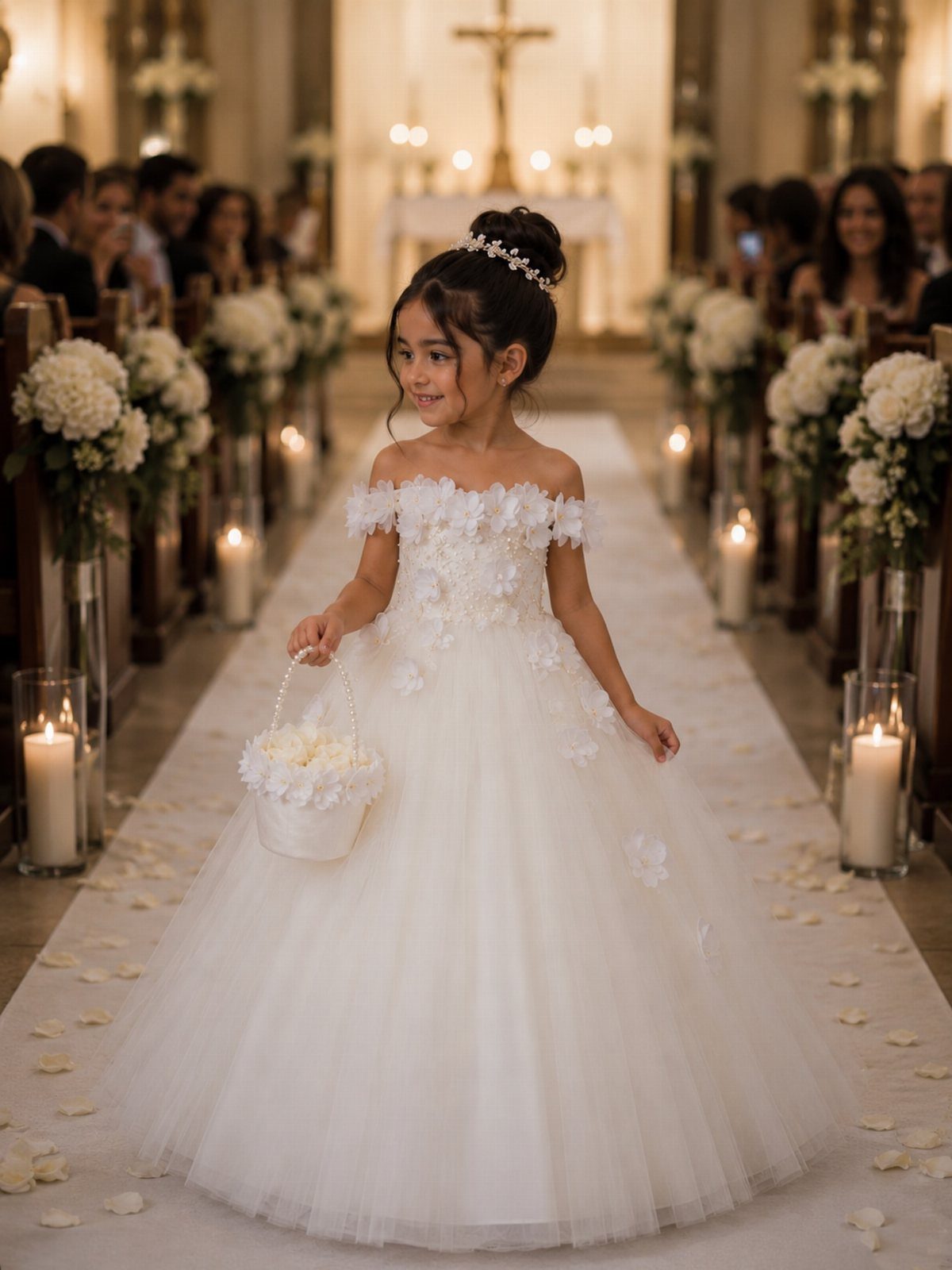 A young flower girl in a white dress carries a basket of flowers down a church aisle.