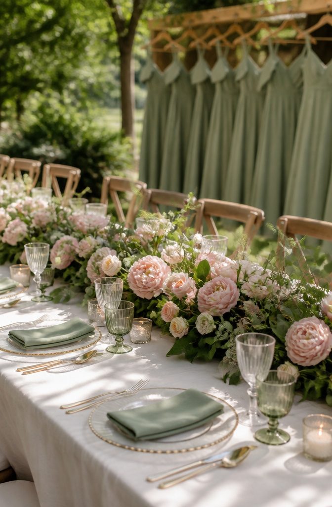 15 April Wedding Color Ideas Ranked for 2026 Spring Style 1 A table adorned with blush and sage floral arrangements.