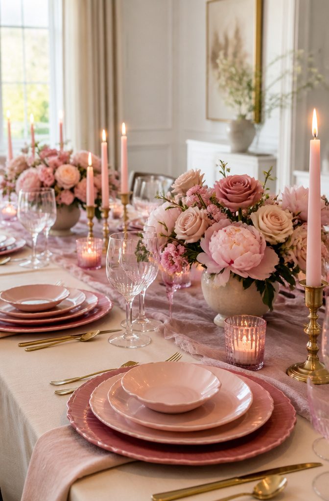 15 April Wedding Color Ideas Ranked for 2026 Spring Style 14 A tablescape displaying various shades of pink against cream.