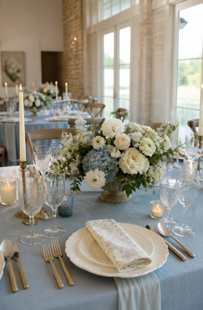15 April Wedding Color Ideas Ranked for 2026 Spring Style 2 A table set with dusty blue and ivory decor.