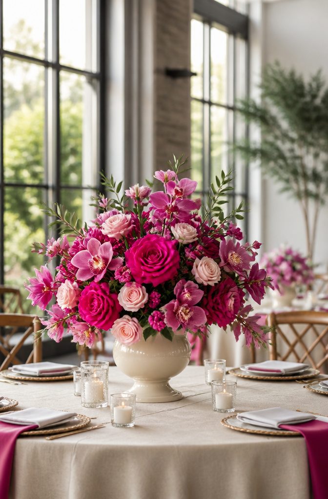 15 April Wedding Color Ideas Ranked for 2026 Spring Style 8 A bouquet filled with fuchsia flowers in a vase.