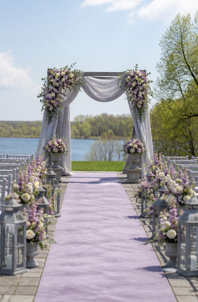 15 April Wedding Color Ideas Ranked for 2026 Spring Style 3 A wedding arch decorated with lavender and grey elements.