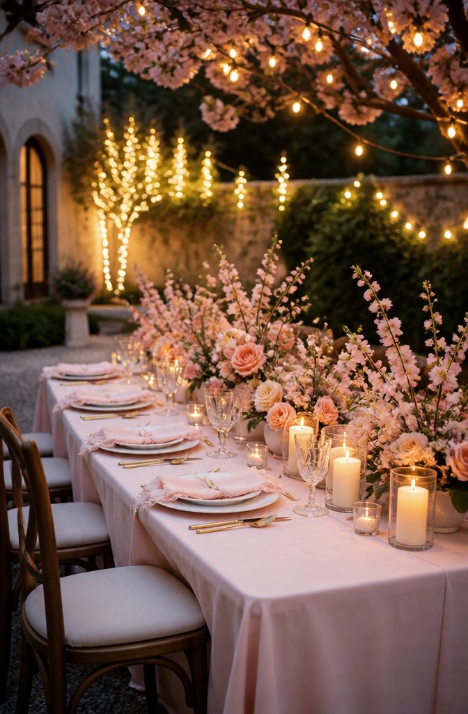 15 April Wedding Color Ideas Ranked for 2026 Spring Style 10 A table draped in light pink with peach centerpieces.