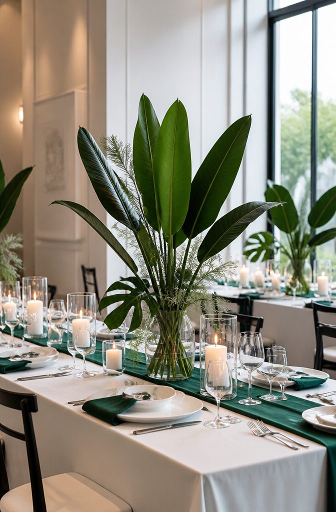 15 April Wedding Color Ideas Ranked for 2026 Spring Style 13 A table arrangement featuring emerald green and white elements.