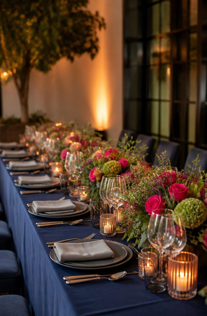 15 April Wedding Color Ideas Ranked for 2026 Spring Style 12 A table showcasing navy and gray with colorful floral arrangements.