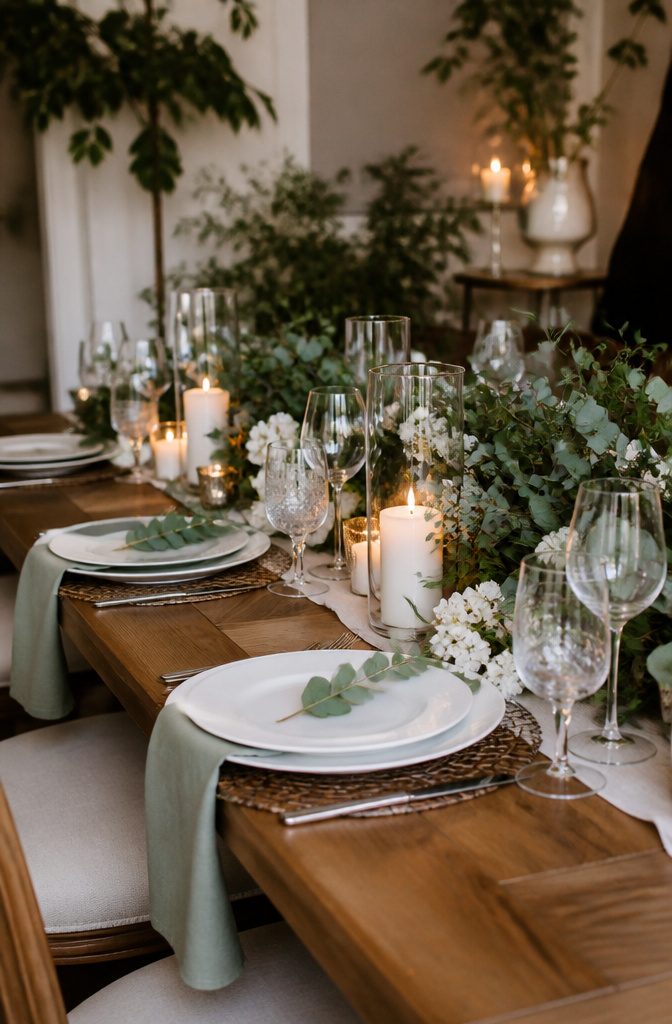 15 April Wedding Color Ideas Ranked for 2026 Spring Style 9 A dining table featuring olive and sage greens with white decor.
