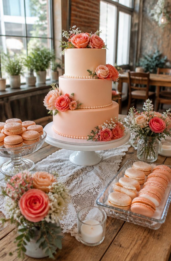 15 April Wedding Color Ideas Ranked for 2026 Spring Style 5 A cake adorned with peach and coral decorations.