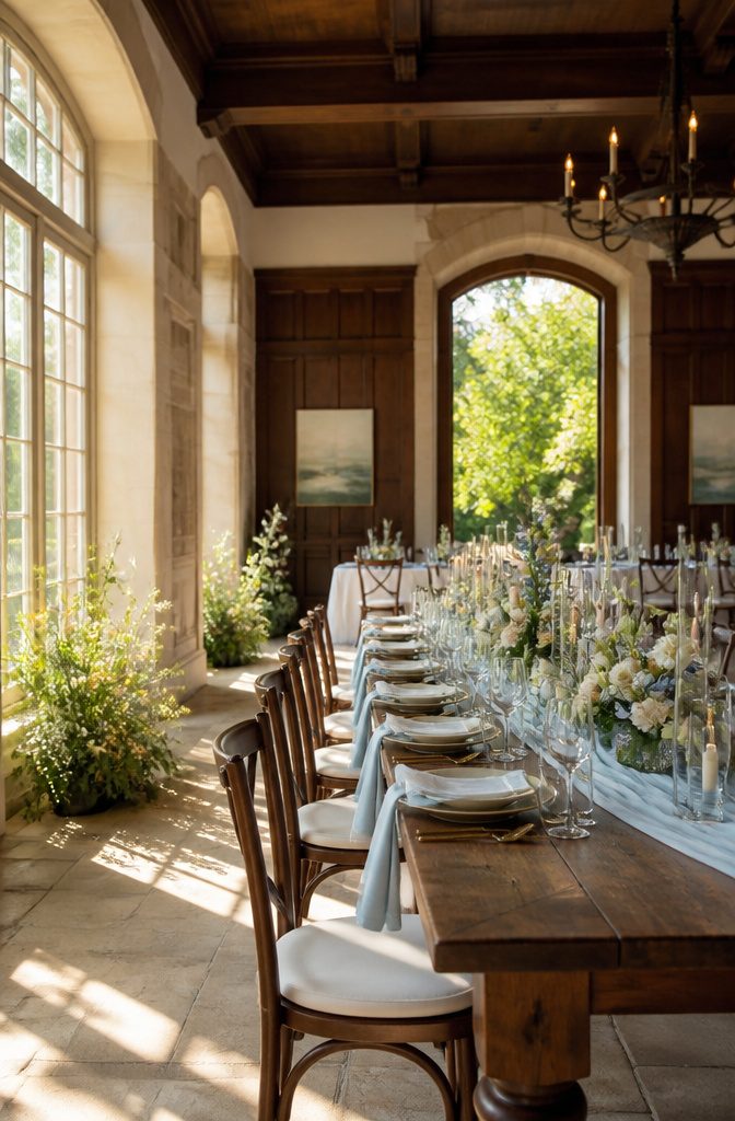 15 April Wedding Color Ideas Ranked for 2026 Spring Style 17 An elegantly set venue featuring blue and white decor.