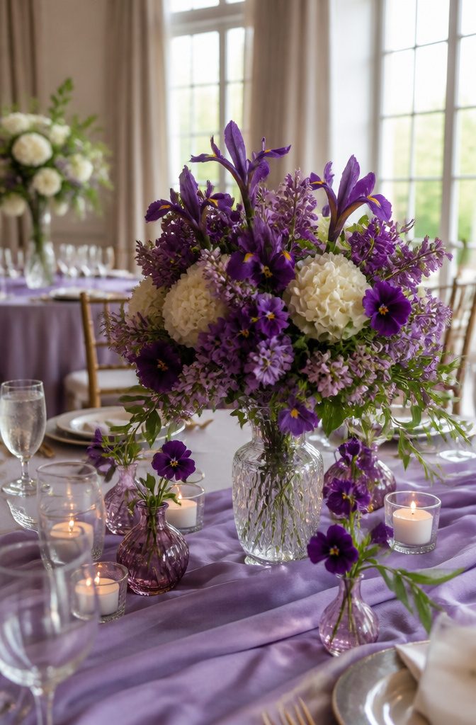 15 April Wedding Color Ideas Ranked for 2026 Spring Style 6 A floral arrangement with rich violet flowers.