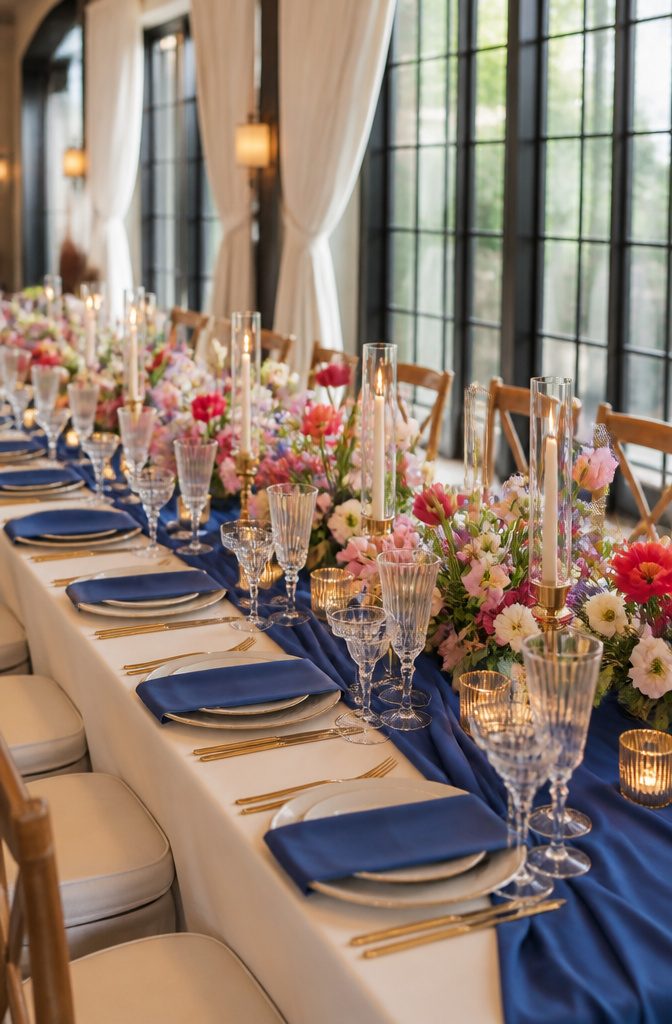 15 April Wedding Color Ideas Ranked for 2026 Spring Style 11 A reception table featuring royal blue and cream decor.
