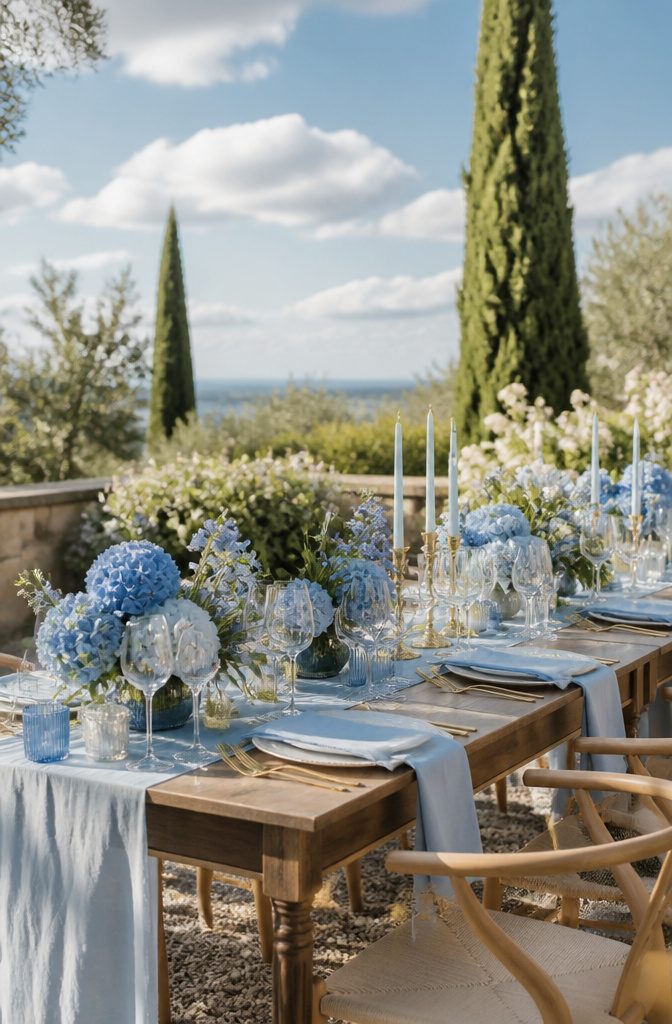 15 April Wedding Color Ideas Ranked for 2026 Spring Style 7 A table set with sky blue linens and rustic elements.