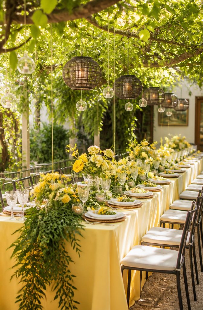 15 April Wedding Color Ideas Ranked for 2026 Spring Style 4 A banquet table dressed in soft yellow with greenery.
