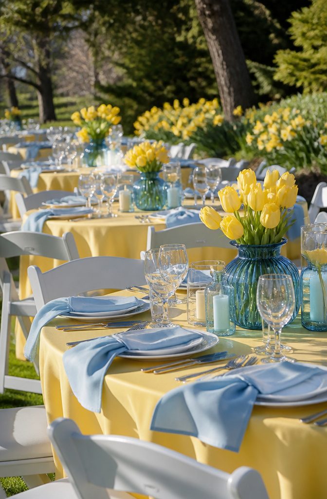 15 April Wedding Color Ideas Ranked for 2026 Spring Style 15 A wedding reception featuring yellow and sky blue decor.