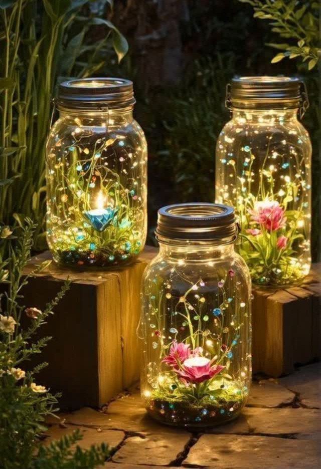 13 Wedding Ideas for Country Ceremonies That Feel Lived-In 5 Three glowing mason jars filled with fairy lights and flowers sitting on wooden blocks outdoors.