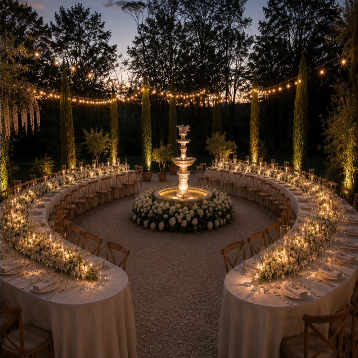 Circular wedding reception tables with white linens and candles surrounding a central floral fountain at dusk.