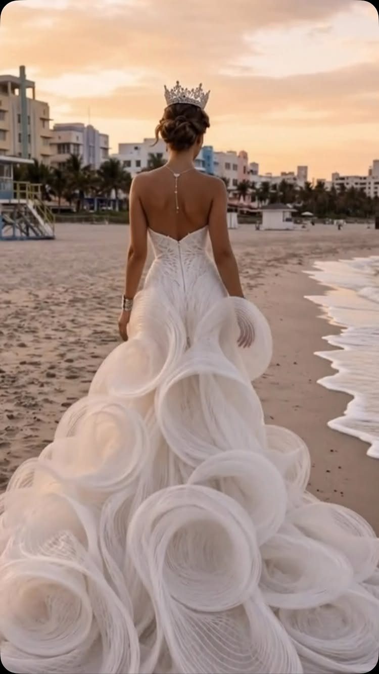 Woman in a voluminous white wedding dress with a sculptural rose-shaped train walking on a beach.