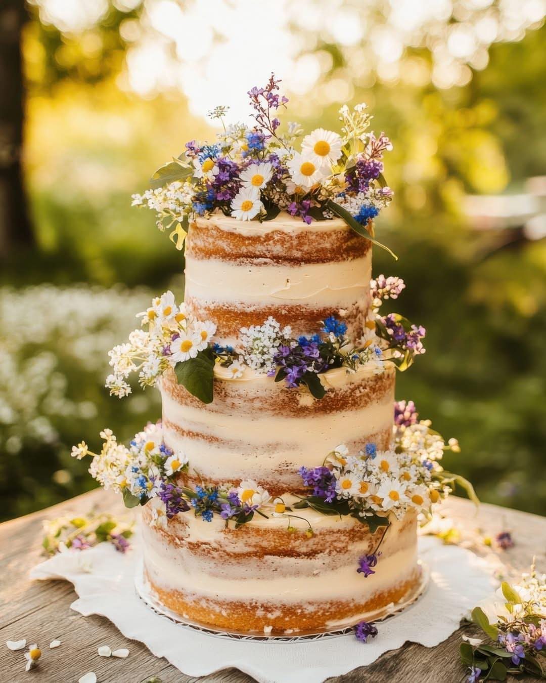 Wildflower Wedding Theme: 13 Ideas for a Light, Natural Day 4 Three-tier naked wedding cake adorned with colorful wildflowers on a wooden table outdoors.