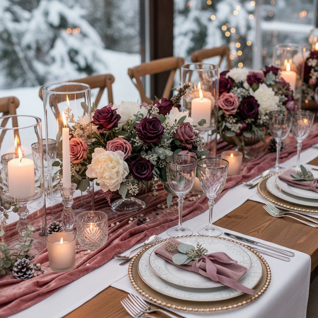 Wedding table decorated with dusty plum velvet, white roses, and glowing candles against a snowy backdrop.