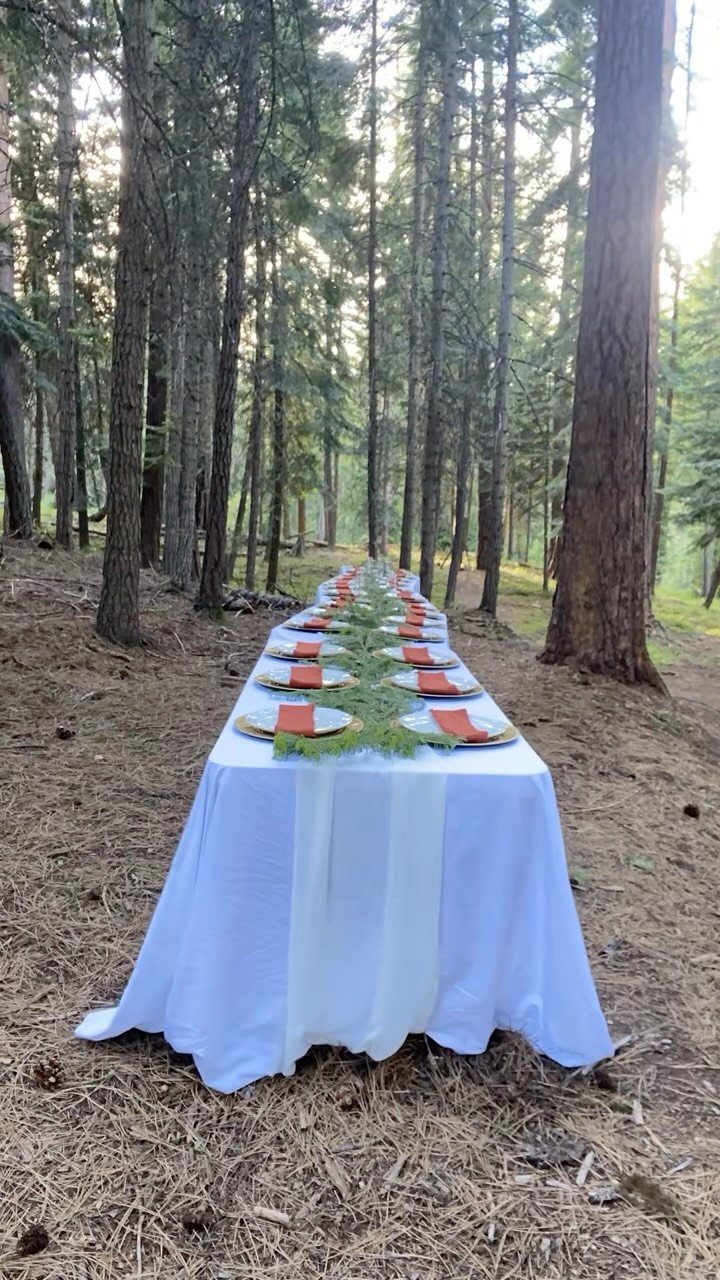 A long table with white linens and evergreen decor set in a forest clearing.