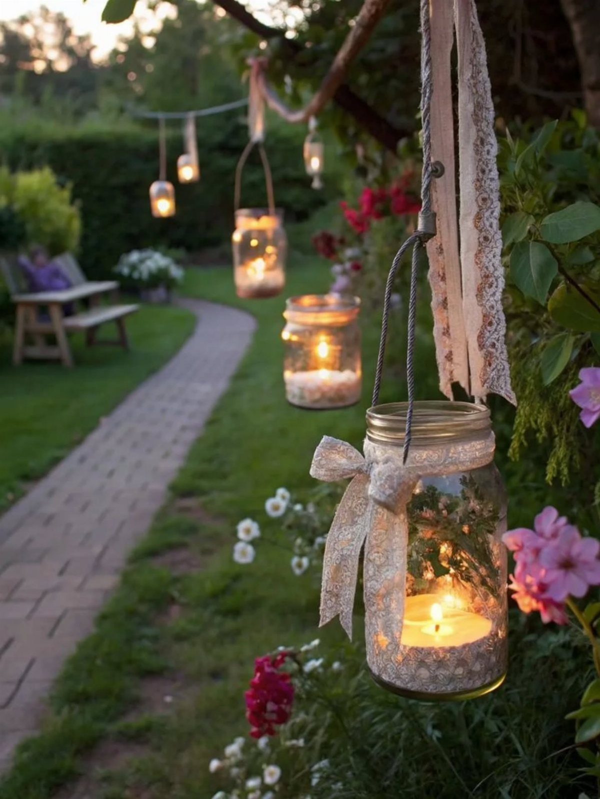 Mason jar lanterns with lit candles hanging from tree branches in a garden setting.