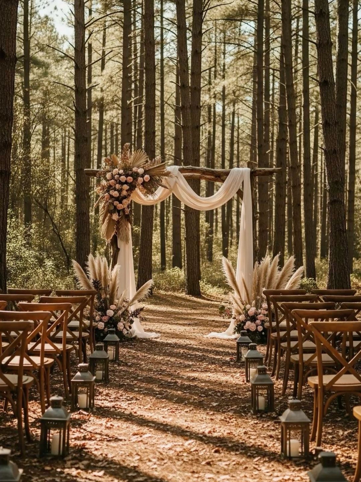 A wooden wedding arch decorated with white fabric and dried flowers in a pine forest.
