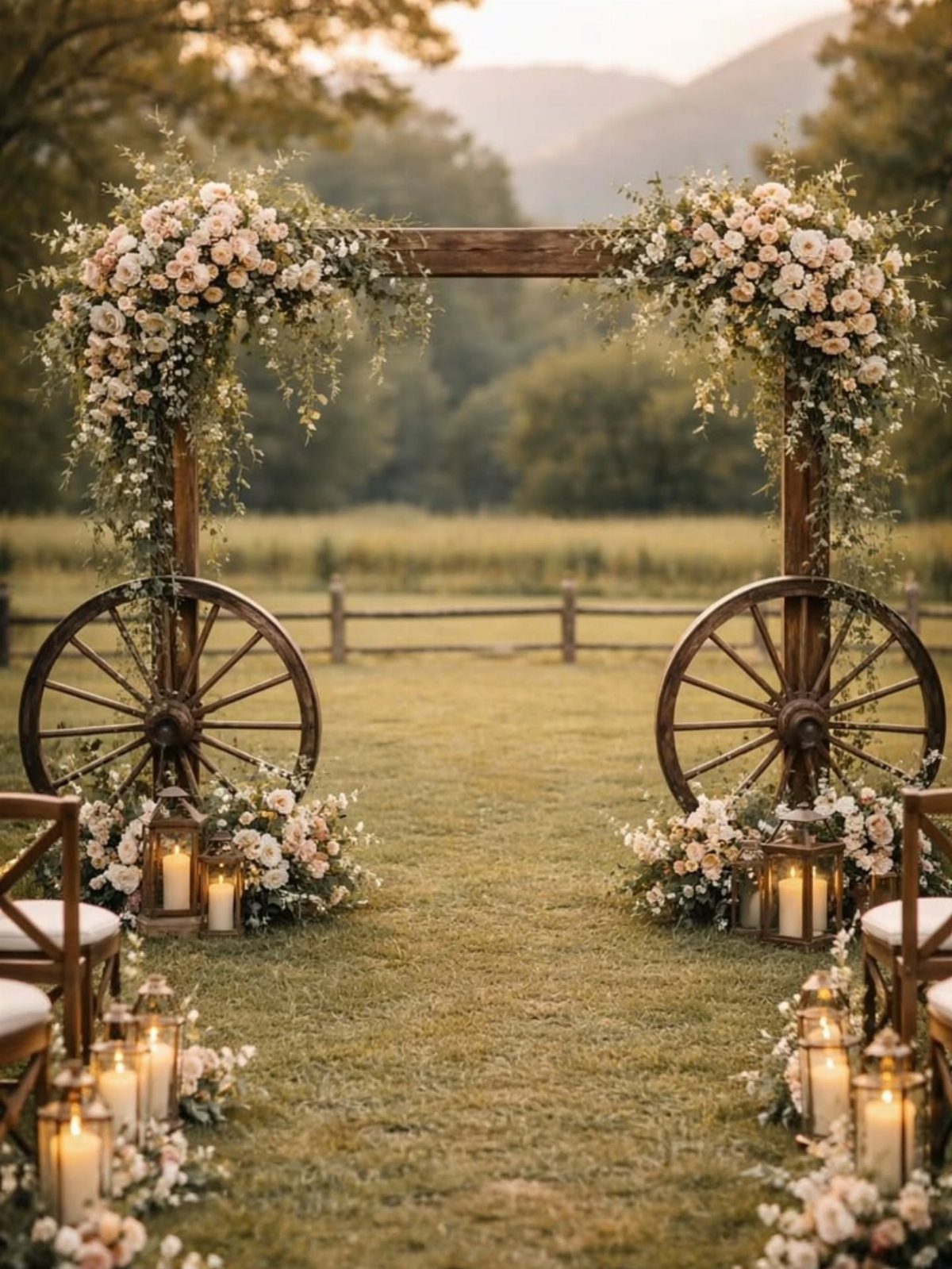 Wooden wedding arch with flowers and wagon wheels in a grassy field at sunset.