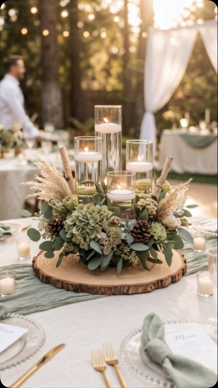 A wooden slab centerpiece with greenery, pinecones, and floating candles on a wedding table.